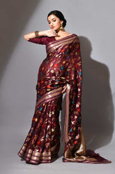 Deep Wine Pure Kota Check Banarasi Handloom Saree With Meenakari Jaal